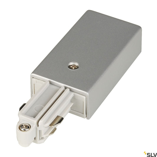 SLV Feed-in for 1-circuit track, surface-mounted, silver-grey, earth right 143042